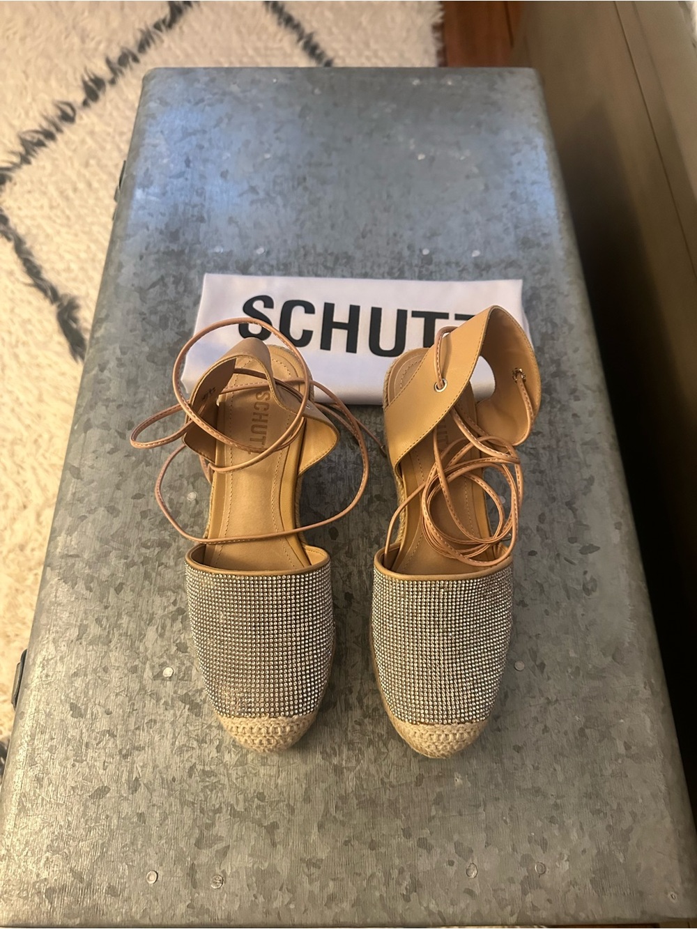 SCHUTZ Tan Espadrille Lace-Up Sandals with Rhinestone-Toe